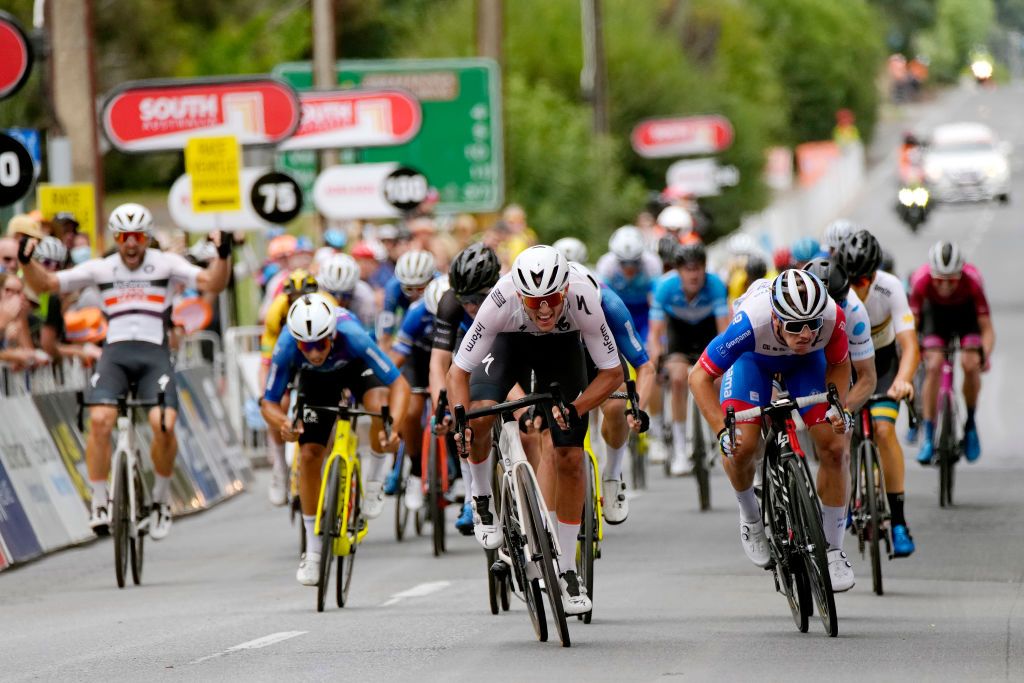 WOODSIDE AUSTRALIA JANUARY 28 Blake Quick of Australia and Team Inform Tmx Make sprints to win ahead of Jensen Plowright of Australia and Team Westpac and Cameron Scott of Australia and Team Ara Pro Racing Sunshine Coas during the 2nd Santos Festival Of Cycling 2022 Mens Elite Stage 2 a 1129km stage from Mount Lofty to Onkaparinga Valley Road Woodside TourDownUnder on January 28 2022 in Woodside Australia Photo by Daniel KaliszGetty Images