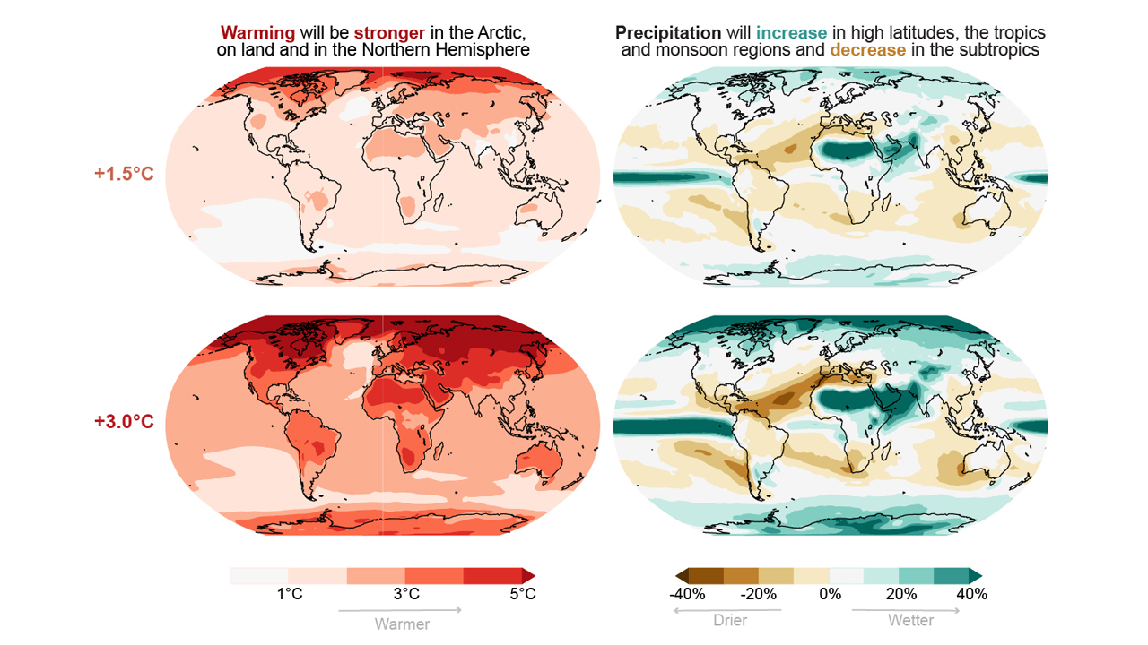 (تغير المناخ ليس موحدًا ويتناسب مع مستوى الاحتباس الحراري ، وسيكون له تأثيرات مختلفة على أجزاء مختلفة من الكرة الأرضية- (مصدر الصورة: IPCC 2021))