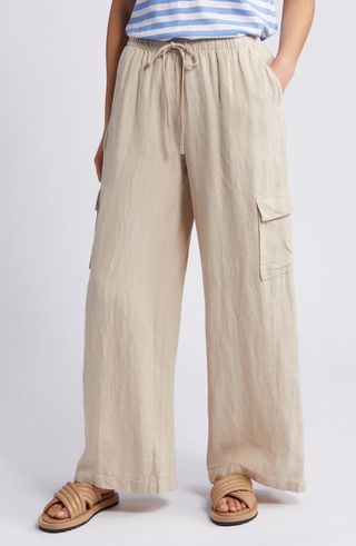 Drawstring Wide Leg Linen Cargo Pants