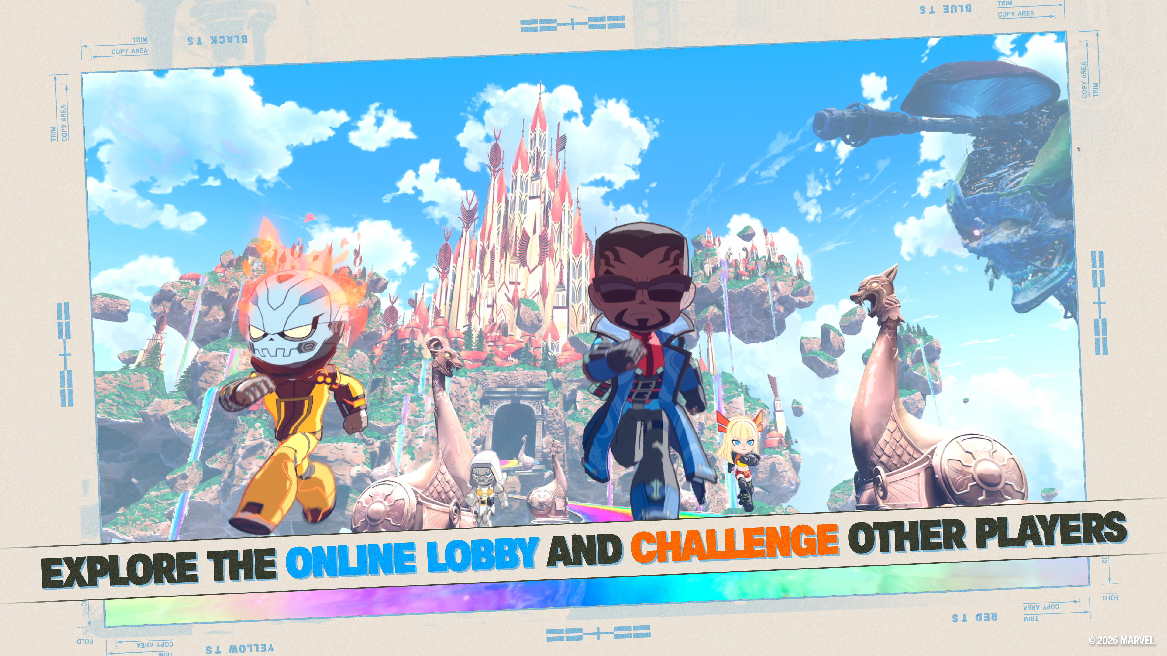 Marvel T&amp;#333;kon: Fighting Souls - Official screenshot of th Open Lobby area, with an chibi style Blade and Ghost Rider walking towards the camera.