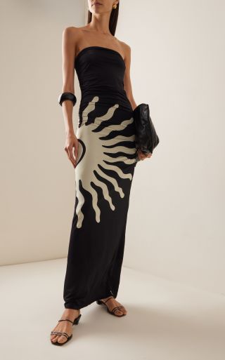 Exclusive Daphne Strapless Printed Jersey Maxi Dress