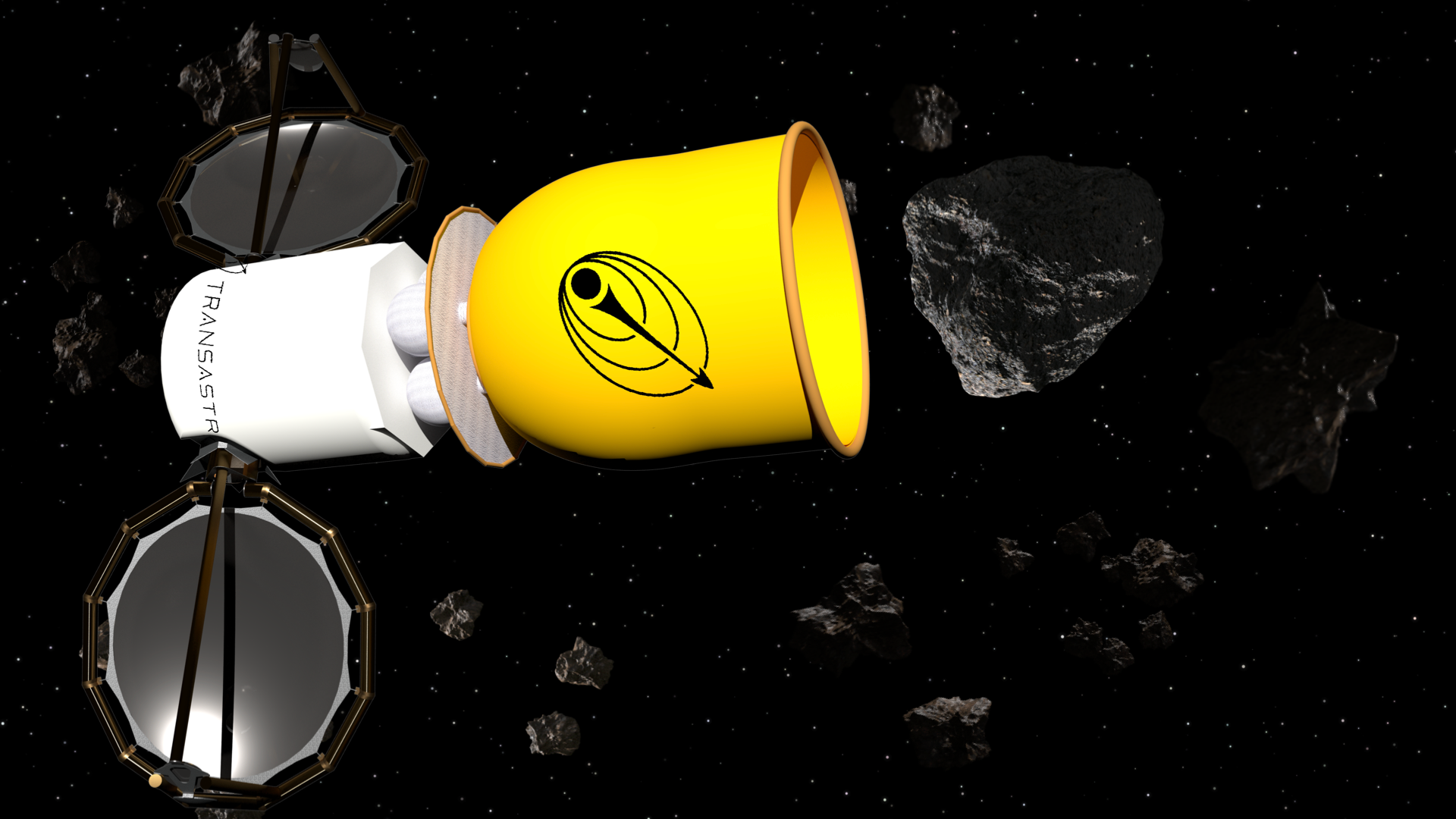 A conceptual illustration of a TransAstra Worker Bee craft on its first asteroid mining flight mission.