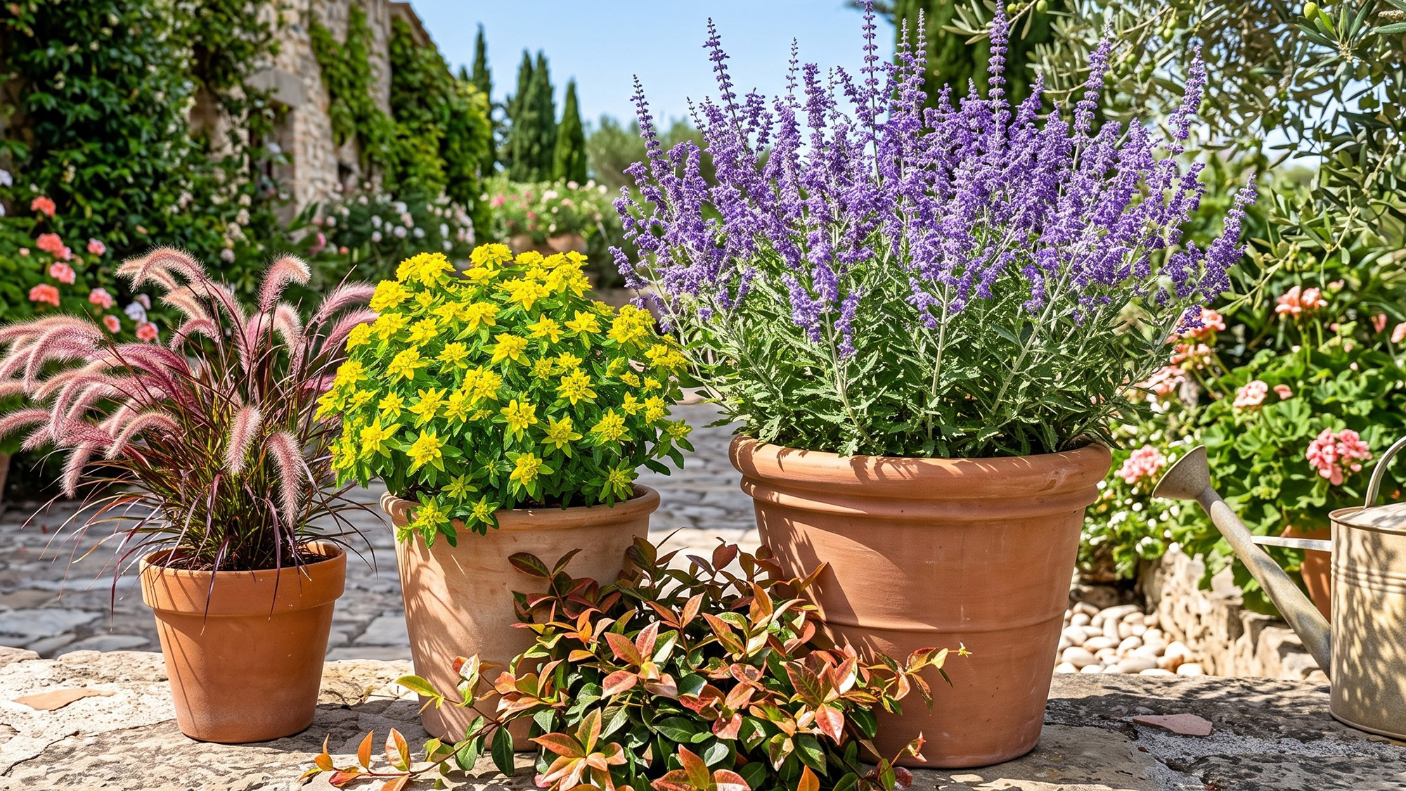 AI generated image showing Russian sage, purple fountain grass and cushion spurge in terracotta pots next to watering can