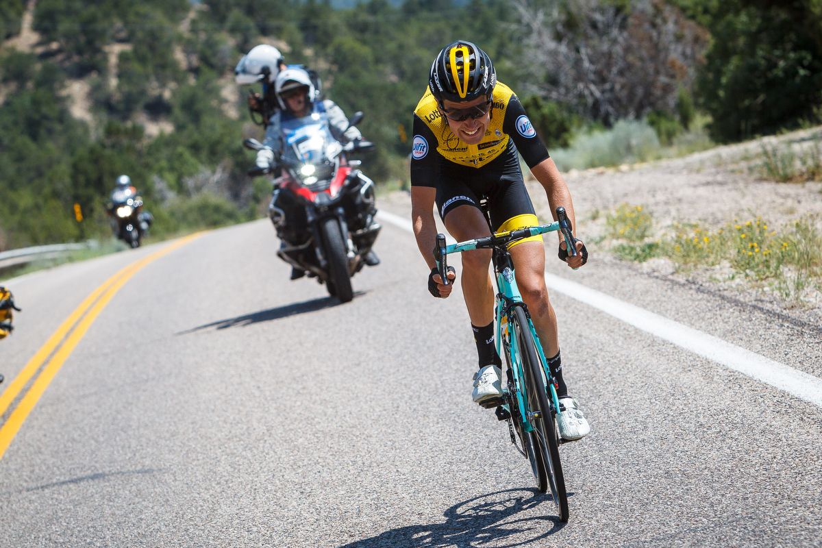 Daan Olivier rides alone to Cedar City after dropping his break mates during stage 1 at the Tour of Utah