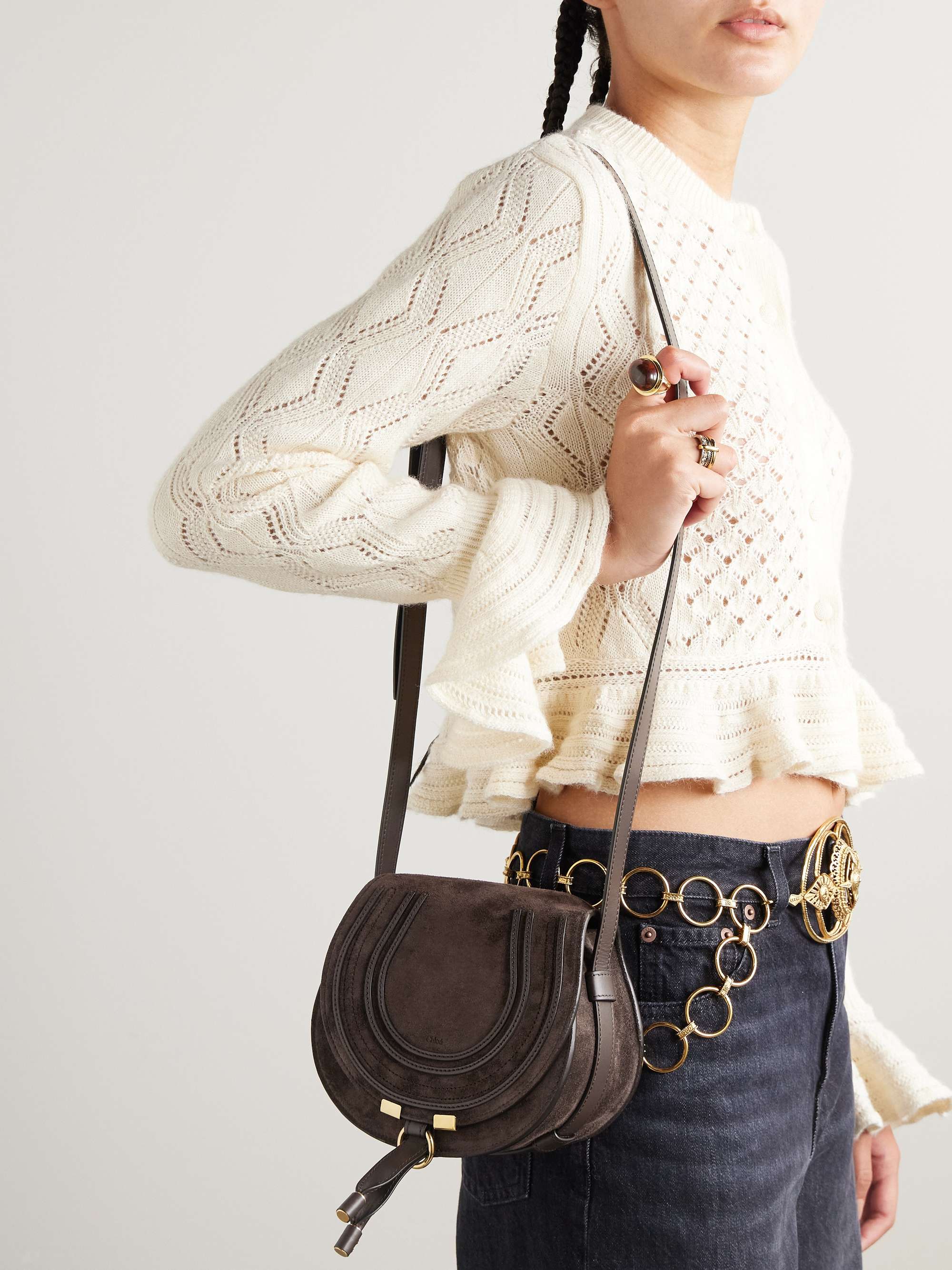Marcie Leather-Trimmed Suede Shoulder Bag