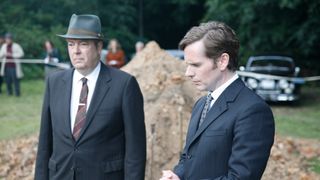 SHAUN EVANS as Endeavour and ROGER ALLAM as DI Fred Thursday.