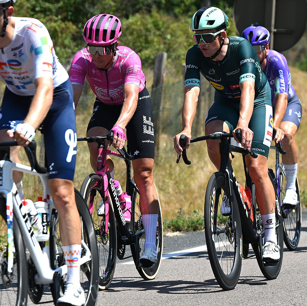 BERGERAC, FRANCE - JULY 11: (L-R) Michael Valgren of Denmark and Team EF Education - EasyPost and Mads Pedersen of Denmark and Team Lidl - Trek - Green Sprint Jersey compete during the 113th Tour de France 2026, Stage 8 a 180.4km stage from Perigueux to Bergerac / #UCIWT / on July 11, 2026 in Bergerac, France. (Photo by Dario Belingheri/Getty Images)