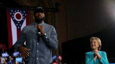 LeBron James speaks at a Clinton rally