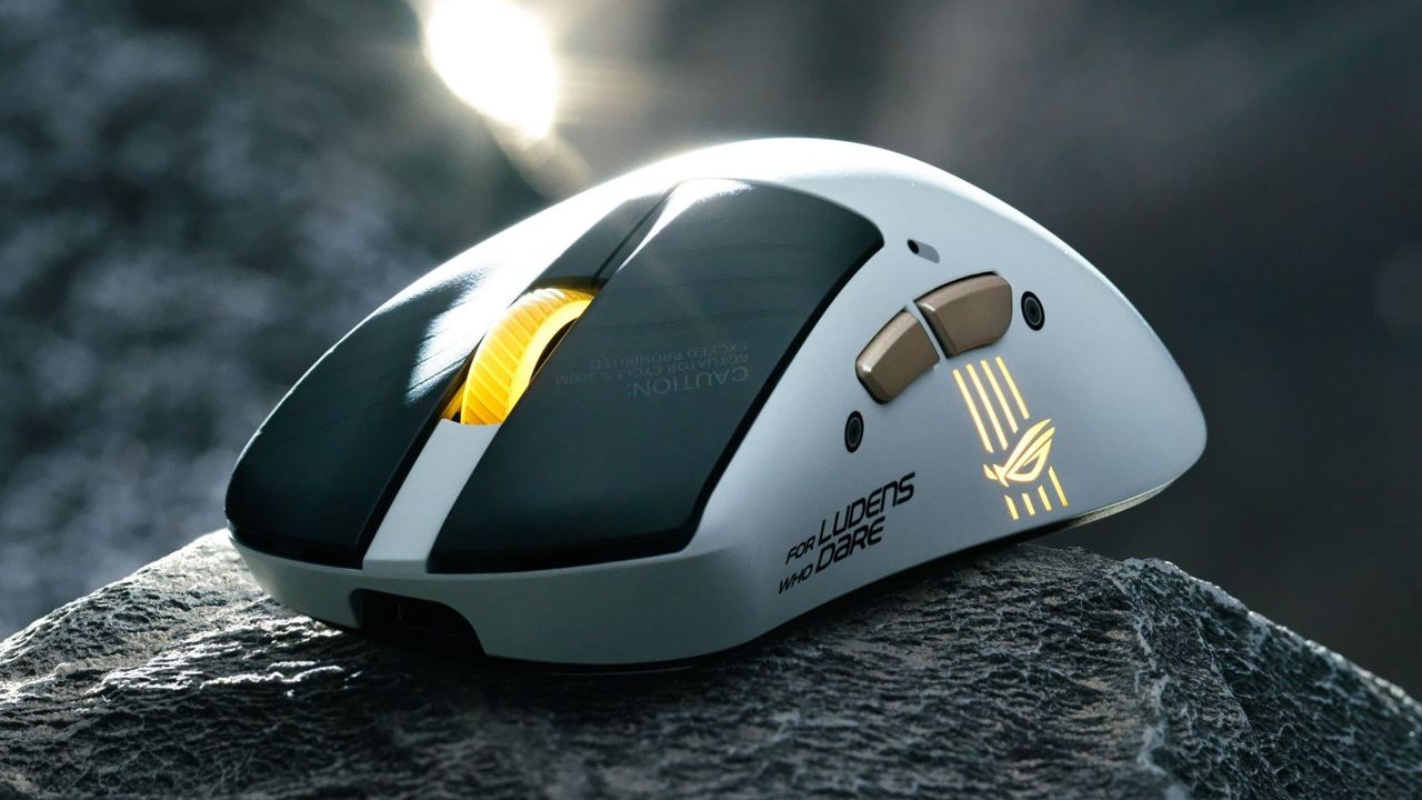 Asus x Kojima Productions gaming mouse on a rock