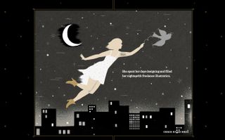 Parallax scrolling: screenshot shows an illustration of a woman in a white dress being carried by a swift over a city skyline at night