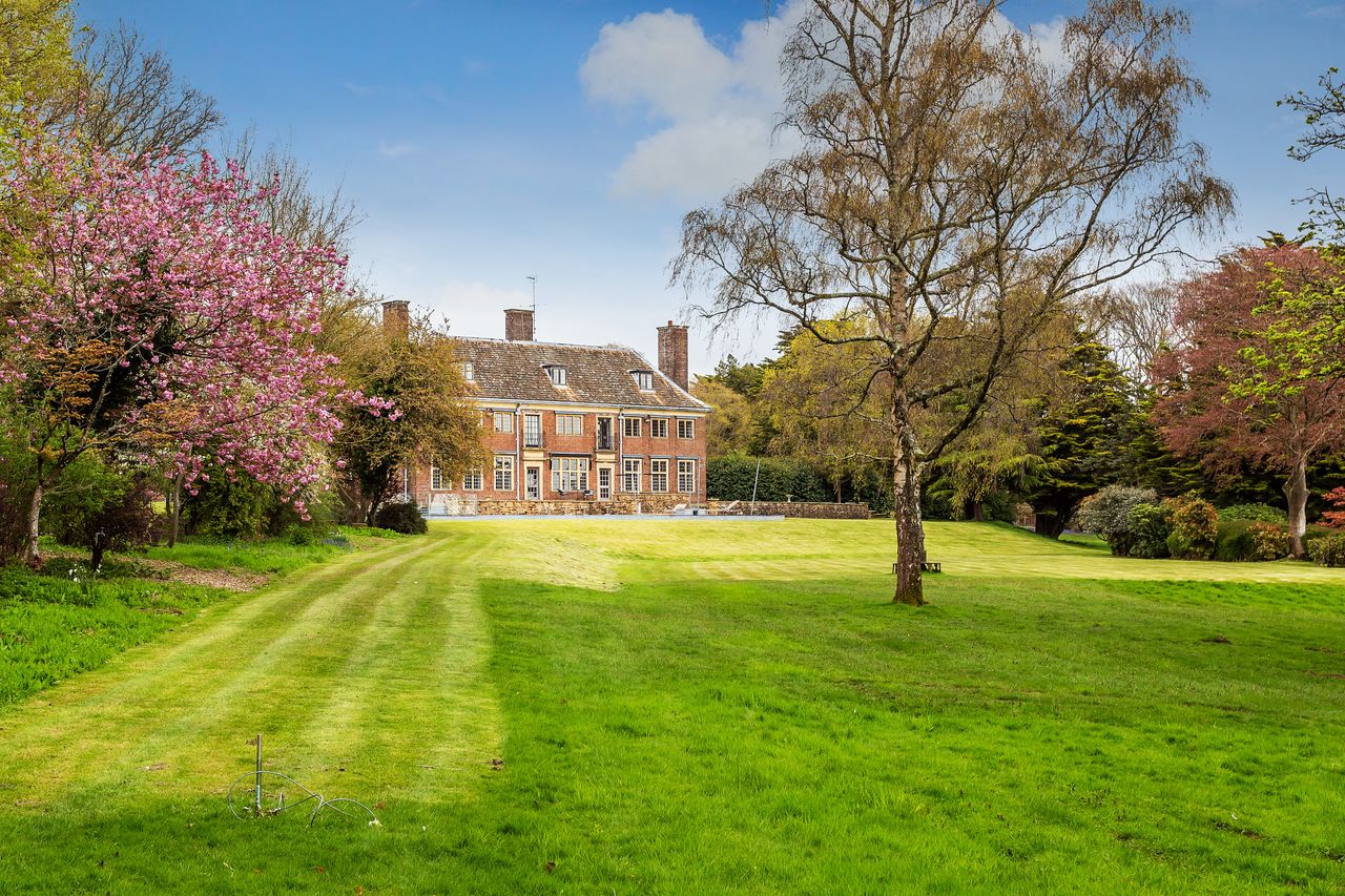 A large green lawn with trees around the boundary