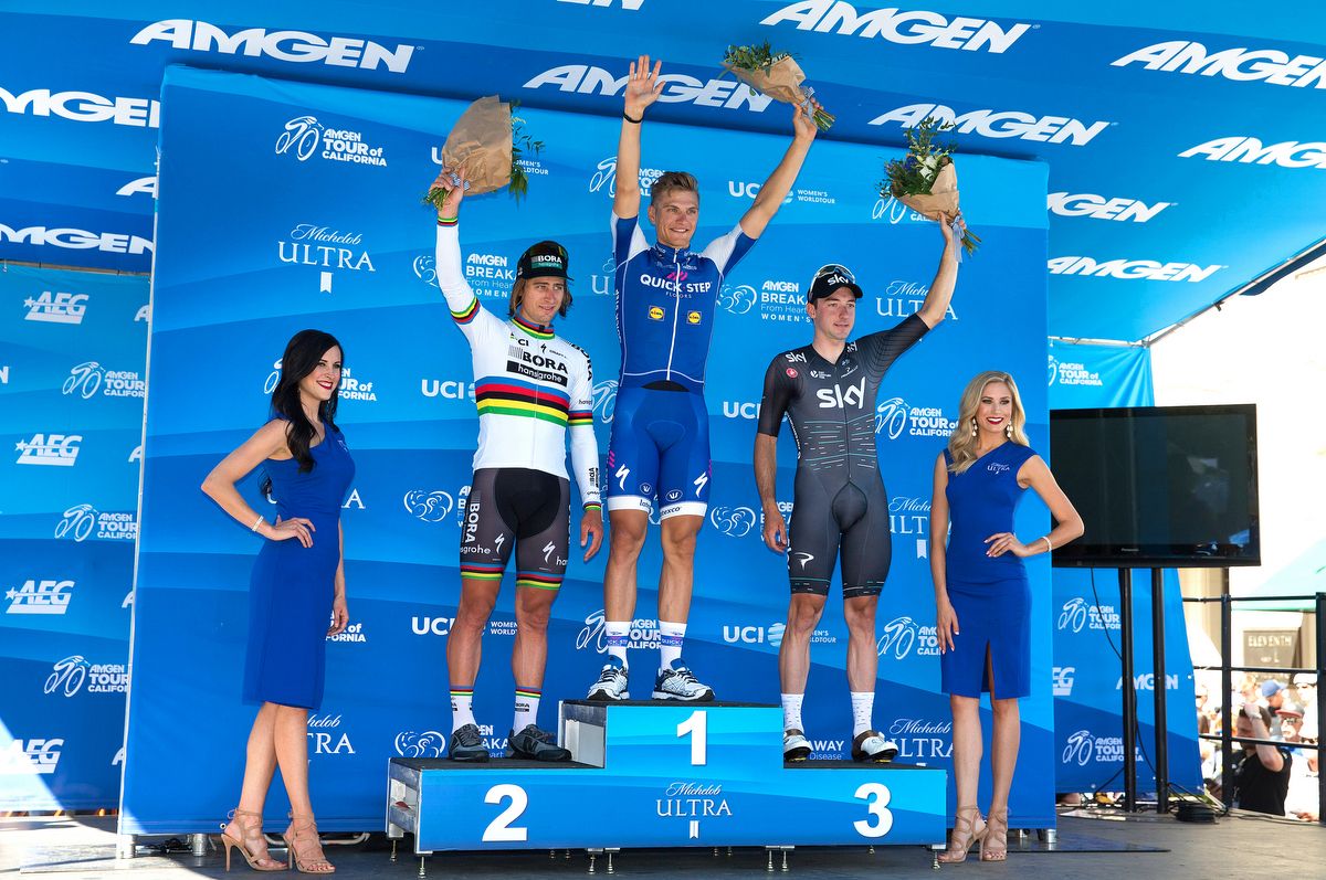 Peter Sagan, Marcel Kittel and Elia Viviani on the stage 1 podium