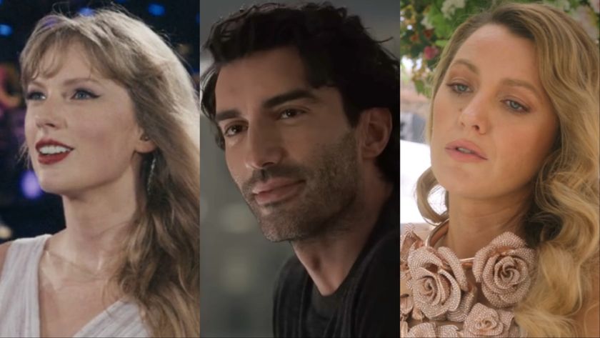 Taylor Swift, Justin Baldoni and Blake Lively in separate screenshots from Eras Tour movie, It Ends With Us and Another Simple Favor