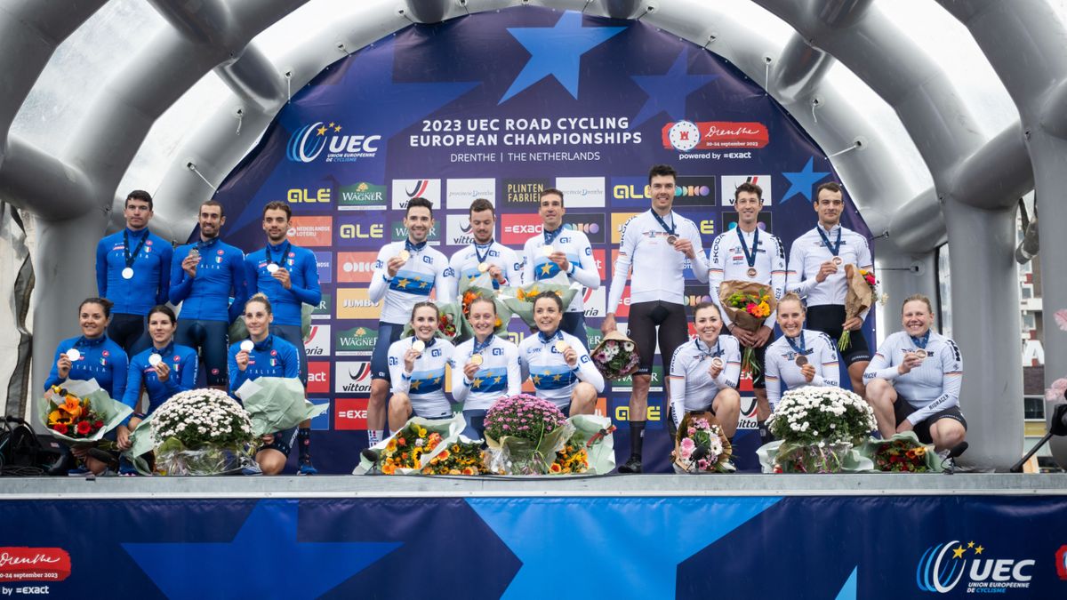 The final podium of the Mixed Relay Team Time Trial at the European Championships in Emmen