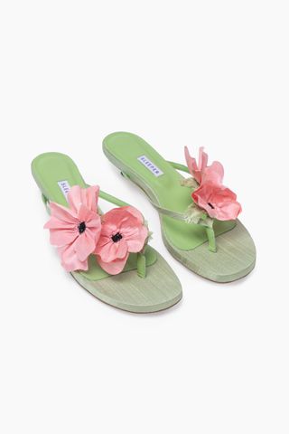 Poppies Silk Kitten Heel Mules in Mint and Pink