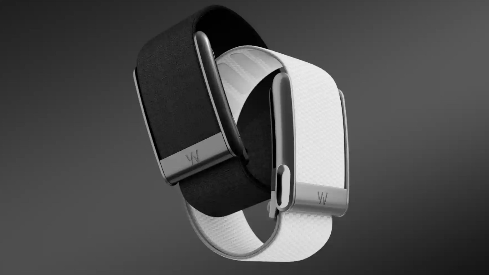 A rendering of the Whoop 5.0/MG bands from its May launch in black and white color options.