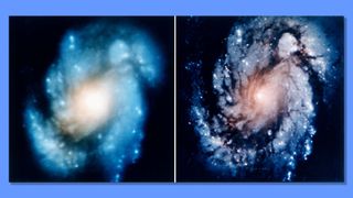 A before and after comparison of galaxy M100, showing Hubble's spherical aberration and the corrective optics installed in 1993