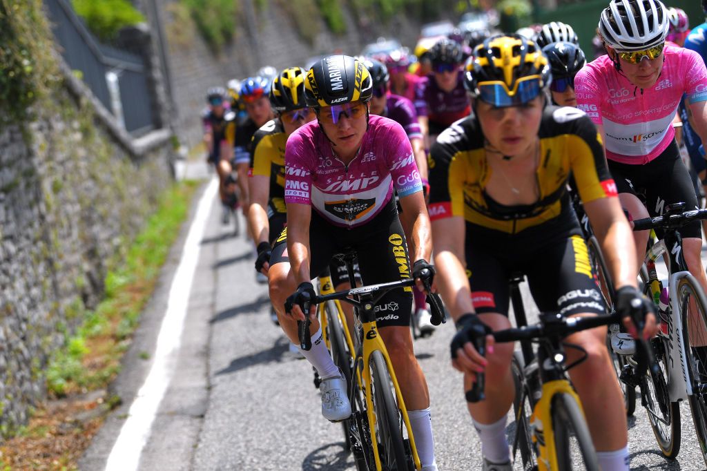 COLICO ITALY JULY 07 Marianne Vos of Netherlands and Jumbo Visma Team Purple Points Jersey Anna Van Der Breggen of Netherlands and Team SD Worx Pink Leader Jersey during the 32nd Giro dItalia Internazionale Femminile 2021 Stage 6 a 155km stage from Colico to Colico GiroDonne UCIWWT on July 07 2021 in Colico Italy Photo by Luc ClaessenGetty Images