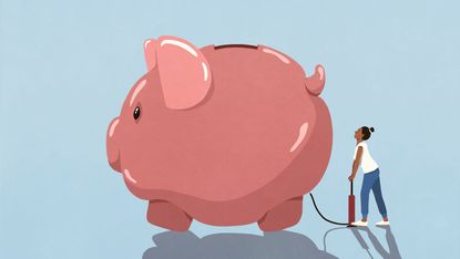A cartoon of a piggy bank being inflated.