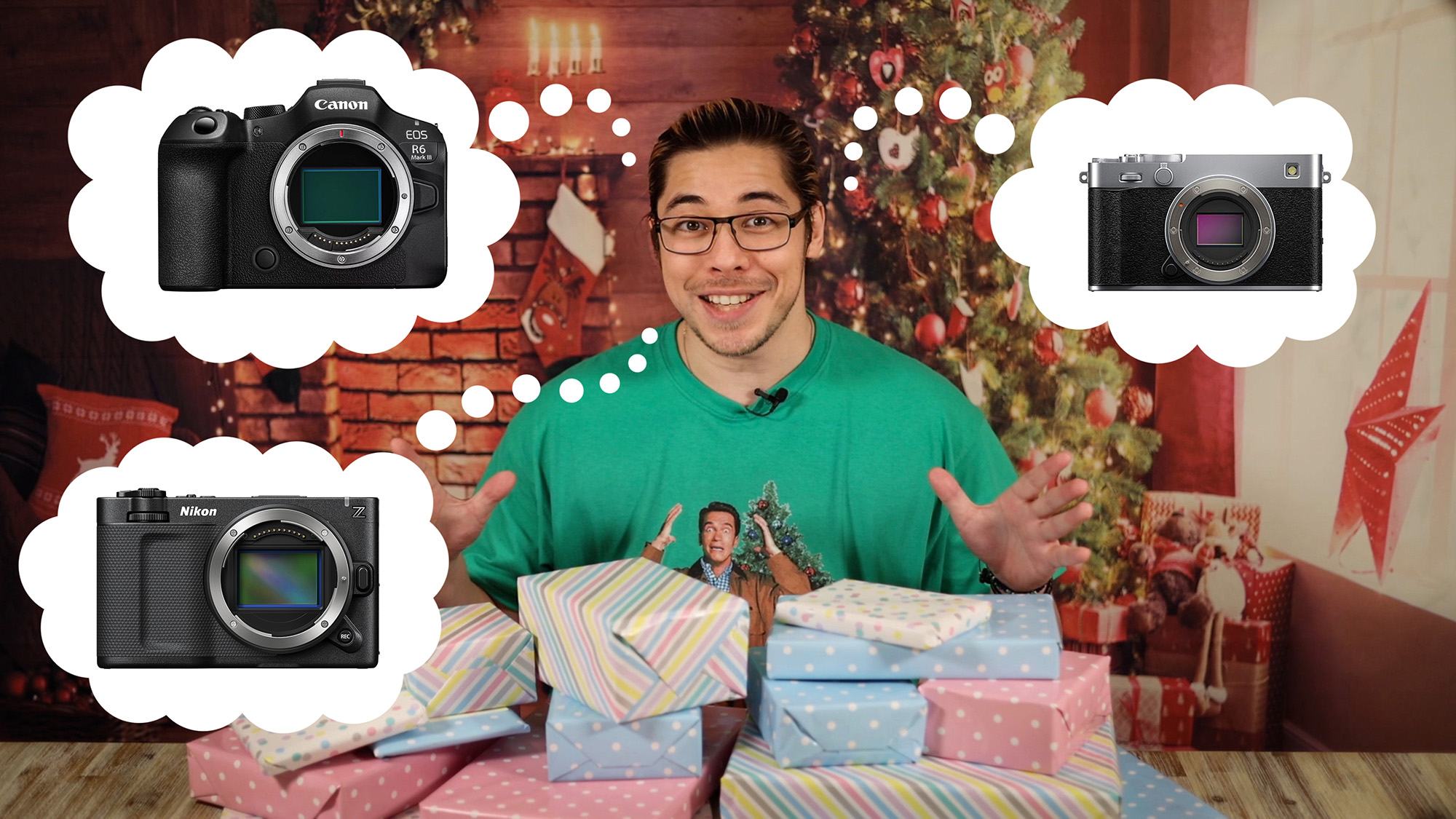 James Artaius surrounded by Christmas presents and thought bubbles with cameras 