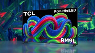 A TCL 4K UHD RGB-Mini LED Smart TV on a colorful background.