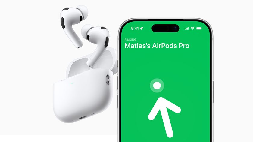 AirPods Pro 3 next to an iPhone with precise tracking showing an arrow on-screen pointing towards them