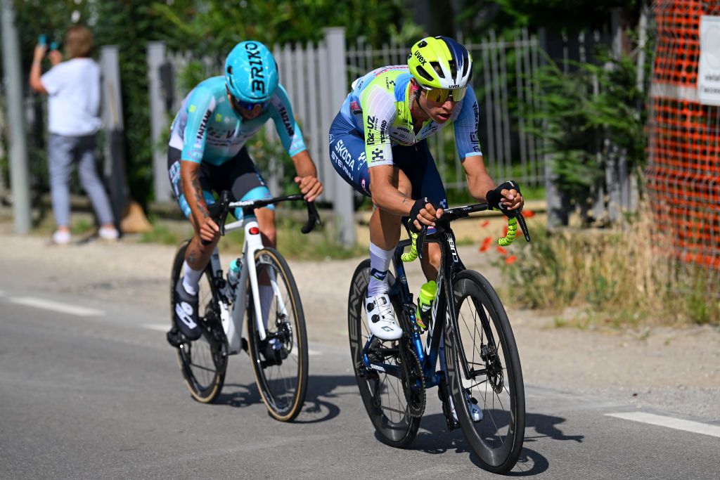 CENTO ITALY MAY 17 LR Martin Marcellusi of Italy and Team VF Group Bardiani CSF Faizane and Dries De Pooter of Belgium and Team Intermarche Wanty compete in the breakaway during the 107th Giro dItalia 2024 Stage 13 a 179km stage from Riccione to Cento UCIWT on May 17 2024 in Cento Italy Photo by Dario BelingheriGetty Images