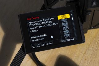 Panasonic S5 IIX screen closeup with Apple ProRes recording menu