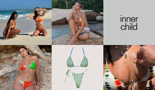 Collage of images of colorful, printed swimsuits.