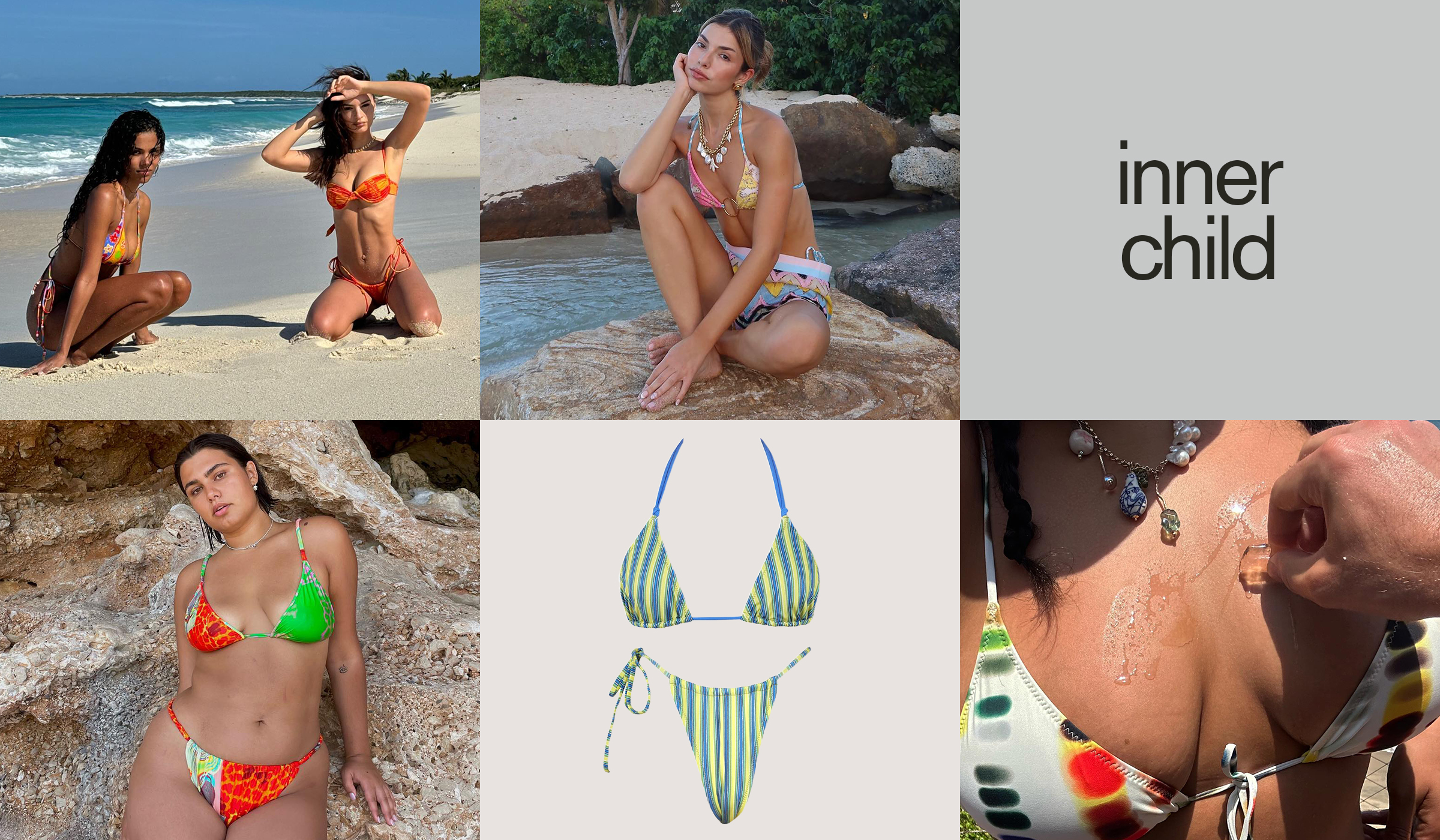 Collage of swimsuits that have childlike and colorful prints