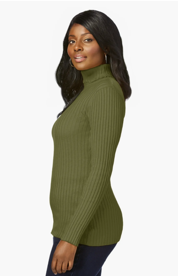 A model in a green turtleneck