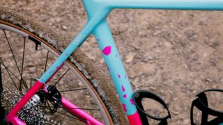 Close up on the Canyon Grizl Throwback pink and blue paint work
