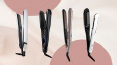Collage of 4 of the best hair straighteners in this guide from (left to right) ghd, Cloud NIne, Remington and L'Or&eacute;al Professionnel, set against an abstract light and dark pink background