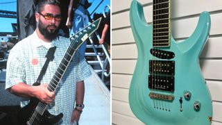 Stephen Carpenter of Deftones holds his green ESP Custom Horizon backstage at a Vans Warped show in 1998. On the right, the Horizon he used to track Around the Fur and White Pony.