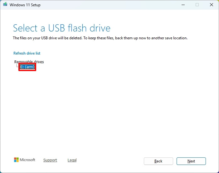 Media Creation Tool select USB flash drive option.