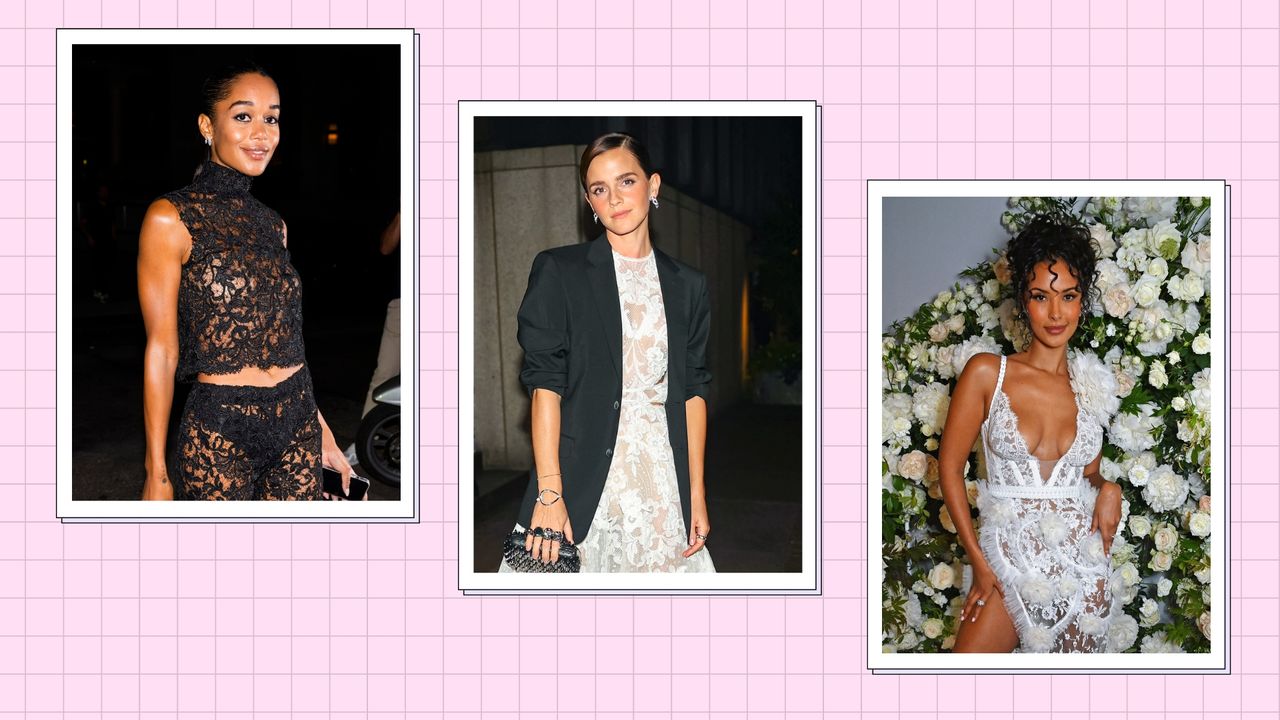 Laura Harrier, Emma Watson and Maya Jama wearing lace dresses and co ords / in a pink template