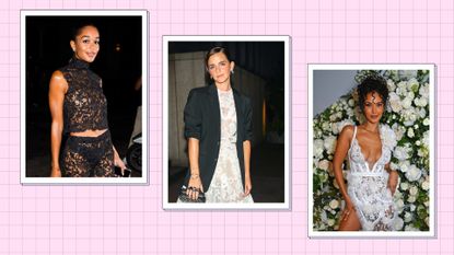 Laura Harrier, Emma Watson and Maya Jama wearing lace dresses and co ords / in a pink template