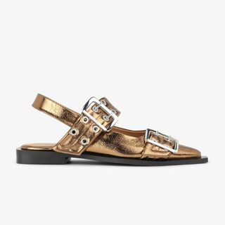 Ganni Brown Metallic Feminine Buckle Ballerinas