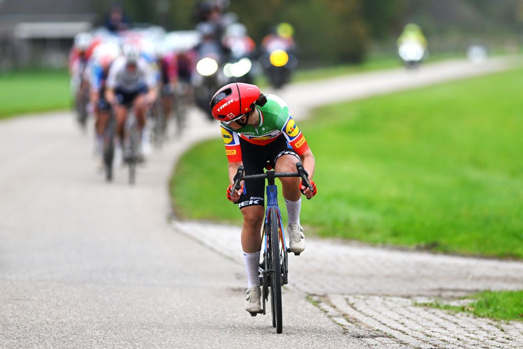 ZEEWOLDE NETHERLANDS OCTOBER 10 Elisa Longo Borghini of Italy and Team Lidl Trek attacks in the breakaway during the 26th Simac Ladies Tour 2024 Stage 3 a 1484km stage from Zeewolde to Zeewolde UCIWWT on October 10 2024 in Zeewolde Netherlands Photo by Luc ClaessenGetty Images