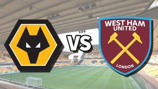 The Wolverhampton Wanderers and West Ham United club badges on top of a photo of Molineux stadium in Wolverhampton, England