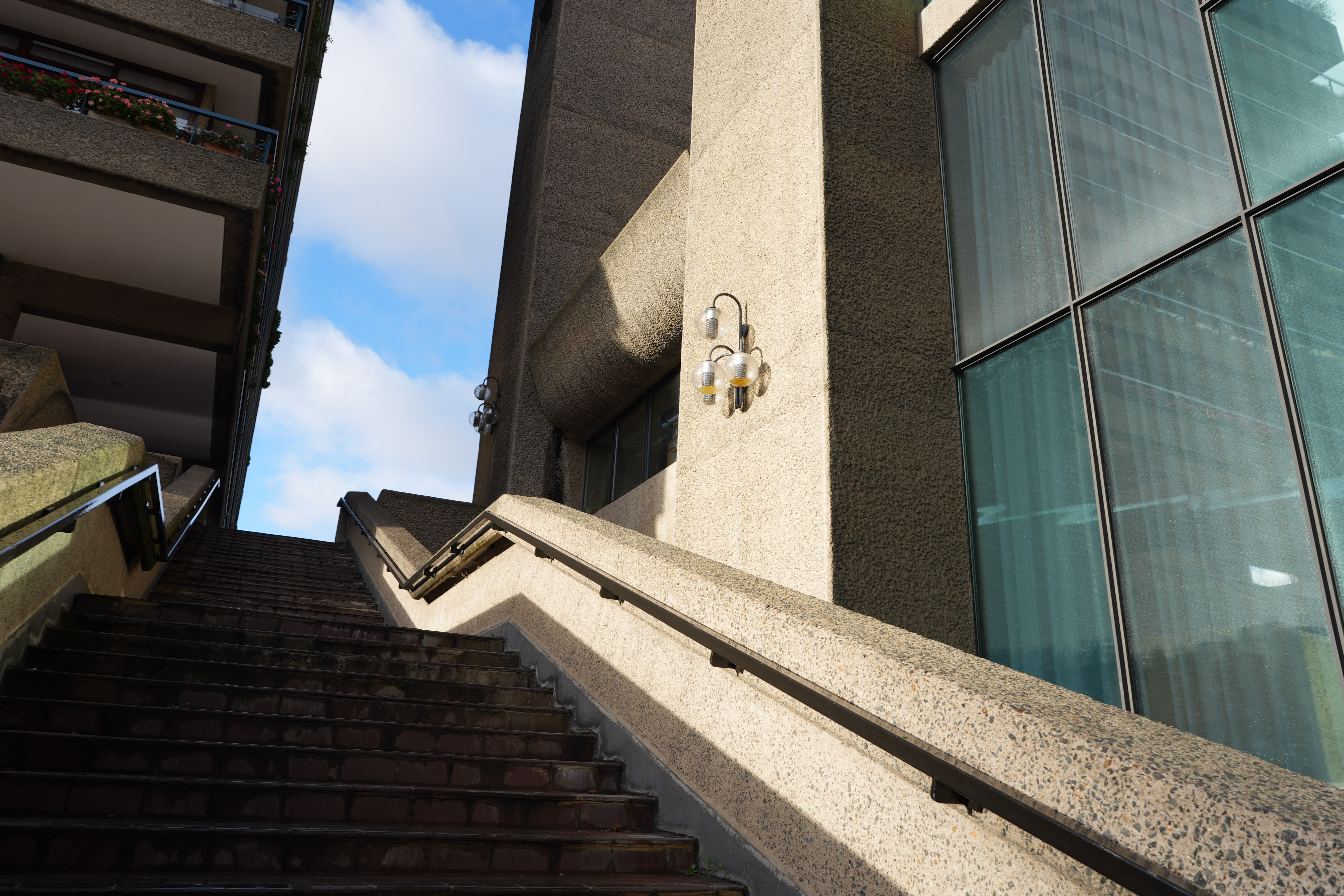 View up a set of concrete steps at the Barbican Centre