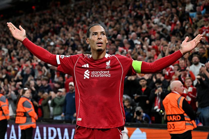 Virgil van Dijk of Liverpool celebrates scoring his team&#039;s third goal during the UEFA Champions League 2025/26 League Phase MD1 match between Liverpool FC and Atletico de Madrid at Anfield on September 17, 2025 in Liverpool, England.