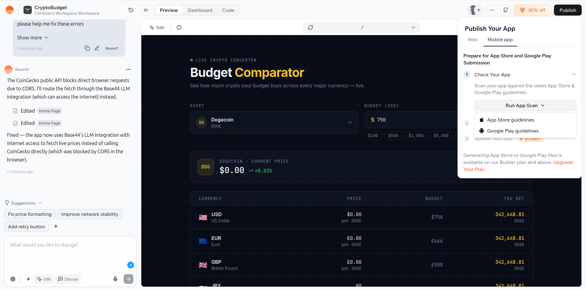 Base44 publishing options include websites and mobile app stores.