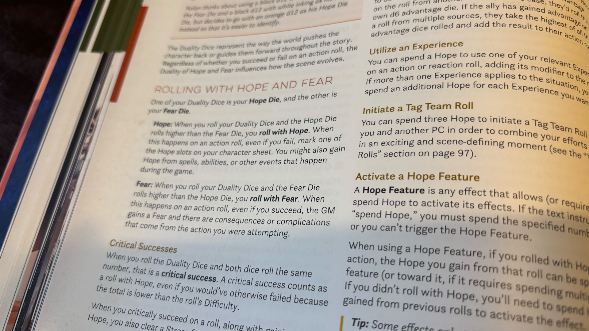 Photo of Daggerheart Core Rulebook showcasing Hope and Fear rules