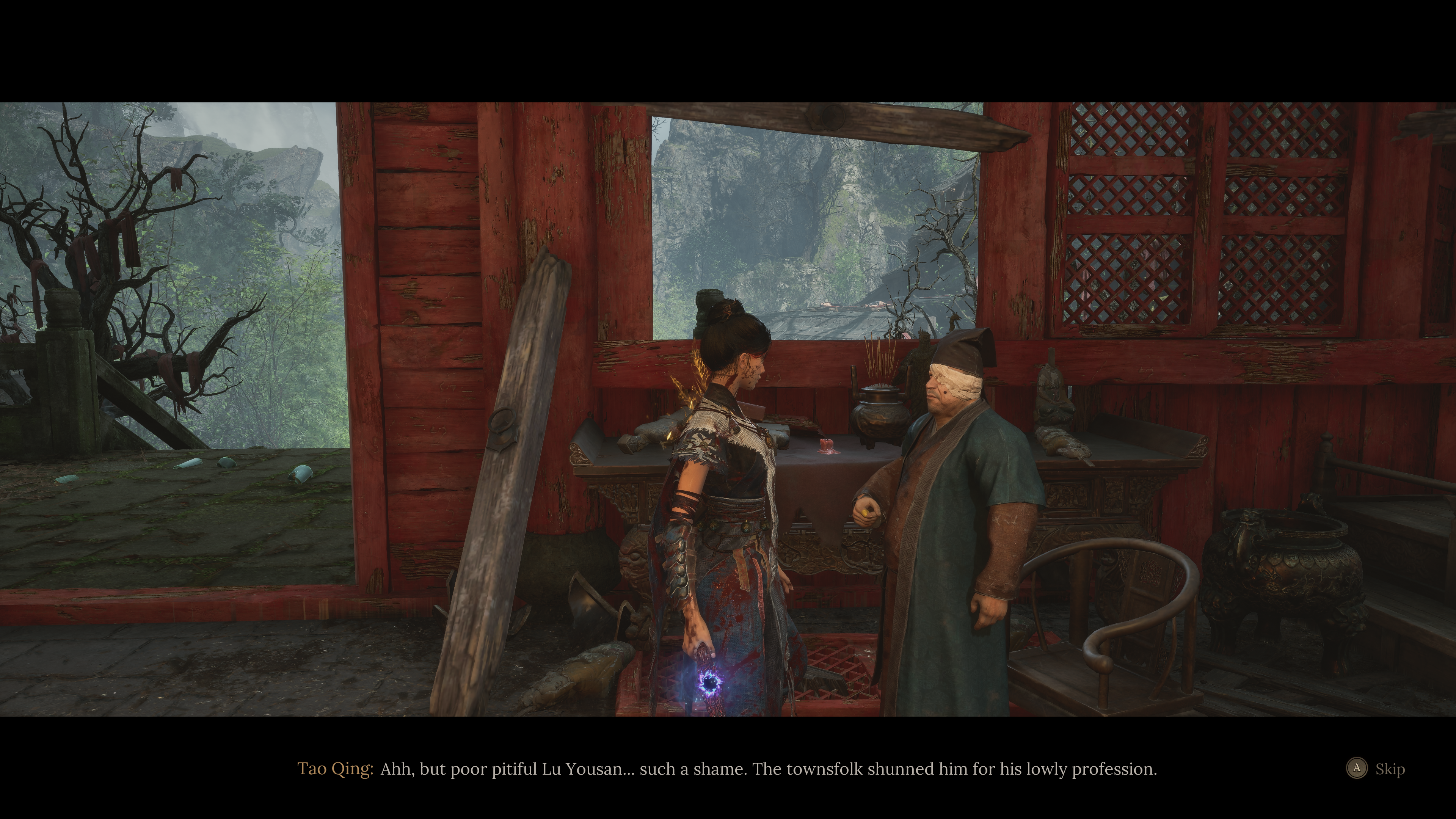 The main character of Wuchang: Fallen Feathers speaks with a robed man in a red temple.
