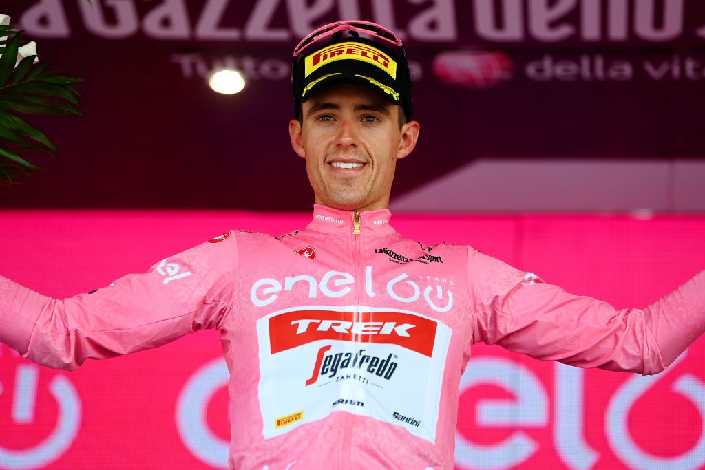 MESSINA ITALY MAY 11 Juan Pedro Lpez of Spain and Team Trek Segafredo celebrates winning the pink leader jersey on the podium ceremony after the 105th Giro dItalia 2022 Stage 5 a 174km stage from Catania to Messina Giro WorldTour on May 11 2022 in Messina Italy Photo by Tim de WaeleGetty Images