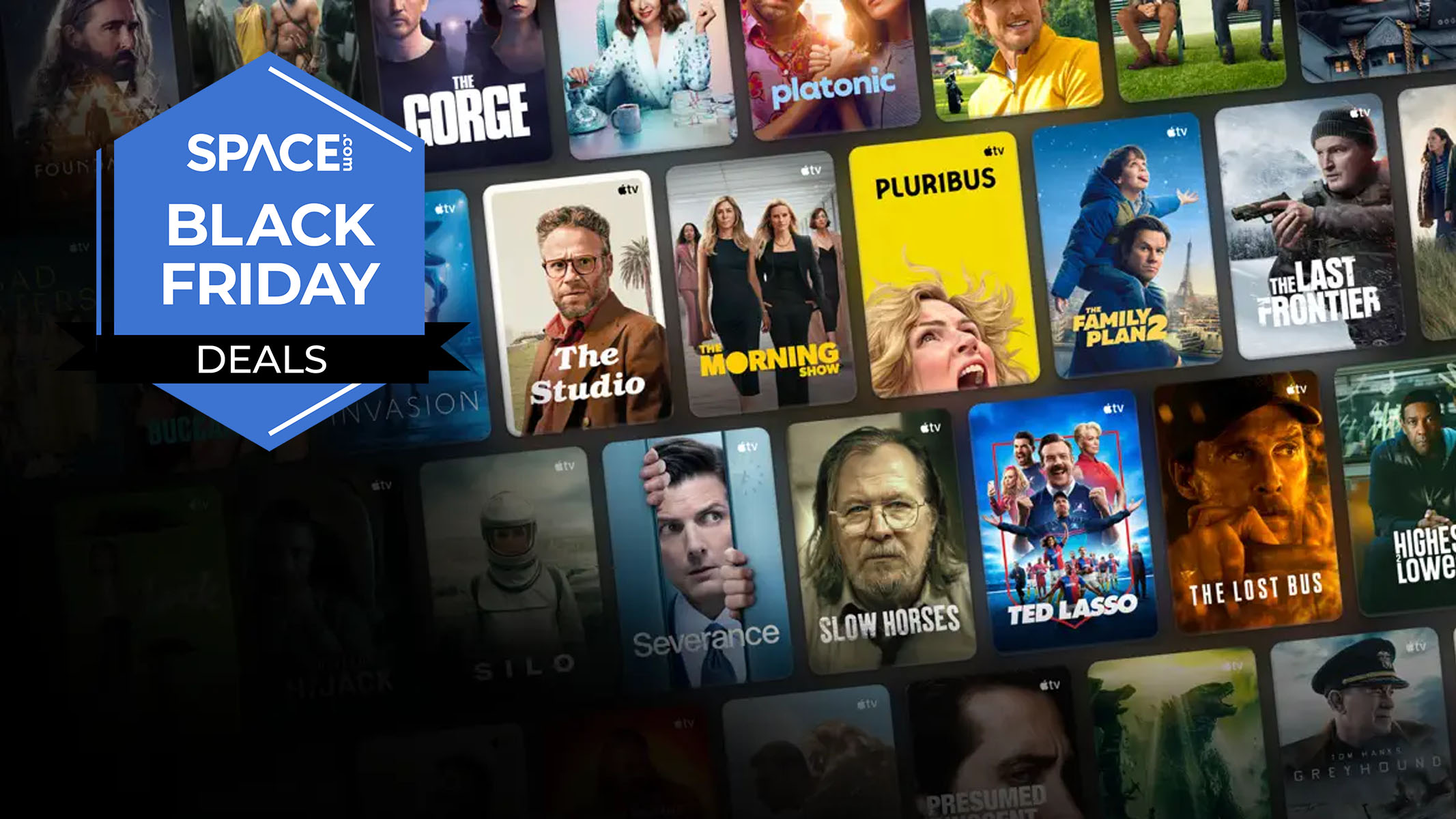 A selection of Apple TV show thumbnails on a black background, Pluribus, Slow Horses etc. 