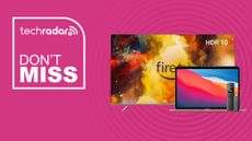 Amazon Fire TV, TV Stick 4K, MacBook Air m1 on purple background with don't miss text overlay