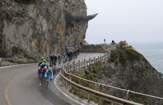 The rain and wind continued to batter the riders on the coast road