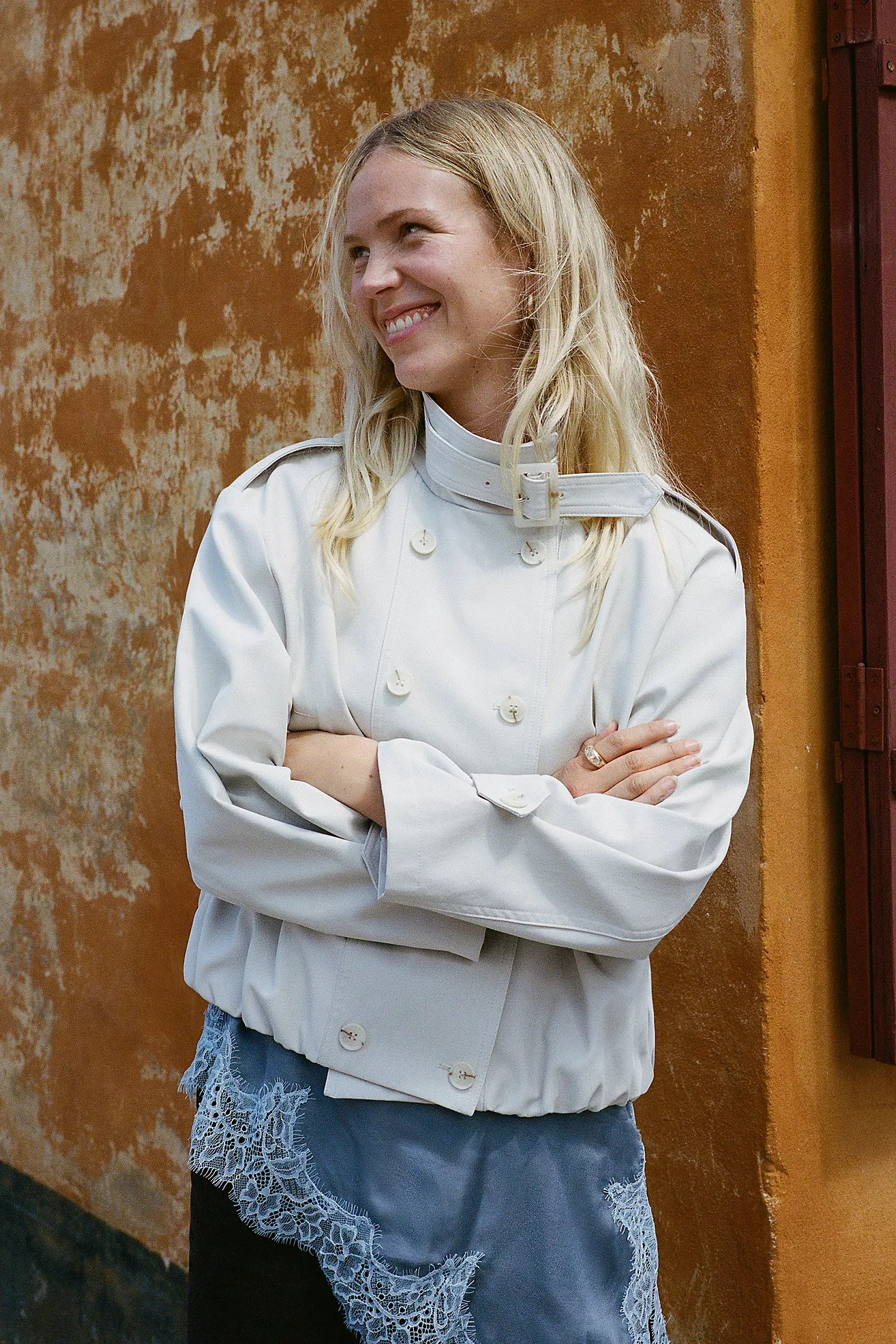 Maeve Retta Funnel-Neck Double-Breasted Short Trench Coat